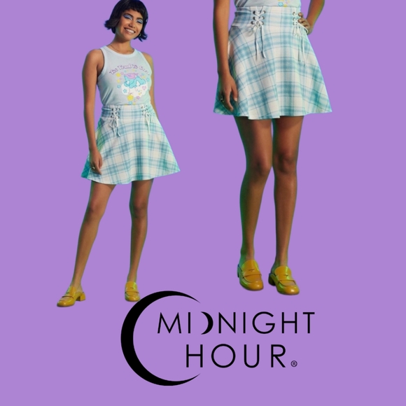 Midnight Hour: Blue & White Plaid Double Lace-Up Skirt - Picture 1 of 14